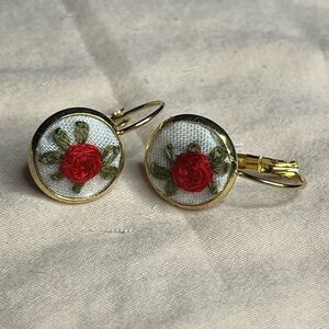 3. Floral Embroidered Gold Tone Earrings red woven rose